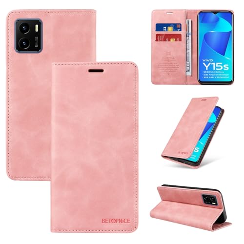 ADVDJBV Funda Tipo Cartera Compatible con Vivo Y15A 4G/Y15S 4G/Y10 4G/Y01 Tarjetero Flip Cover RFID Bloqueo de Cuero Protectora Duradera a Prueba Golpes(Pink)