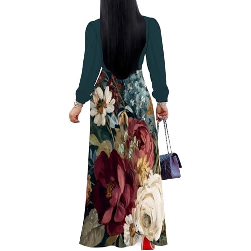 Image of Women's Plus Size Maxi Dresses Long Sleeves V Neck Floral Print Bohemian Swing Long Dress with Belt