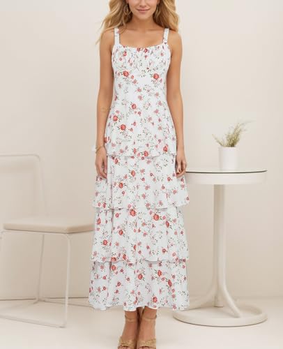 Image of Tiered Ruffle Dress Women Casual Summer Spaghetti Strap Sleeveless Floral Layered Maxi Dress for Women Beach Sundress