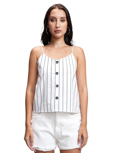 Image of Tokyo Talkies Women's Striped Cotton Crop Top | Shoulder Straps for A Casual & Breezy Look | Lightweight & Stylish | Tops for Woman | Women Tops | Women Crop Top