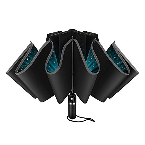 GBU Inverted Umbrella Folding Reverse Umbrella Windproof UV Protection with Reflective Stripe - Auto Open Close (Black)