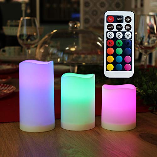 Image of WRalwaysLX Flameless Candles with Timer, Color Changing LED Candles with Remote Control,Battery Candles Outdoor and Indoor Home Decor, Set of 3, 2.5 inch D X H3 /4 inch /5 inch by 3AAA Batteries(not Included)