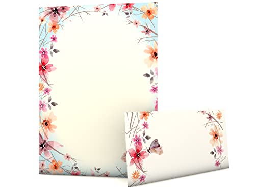 Blumen und Schmetterlinge Frühlingsreigen Briefpapier - Set mit 20 Blatt Motivpapier und 20 Briefumschlägen