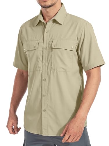 linlon Safari Shirt Men Short Sleeve UPF 50 UV Sun Protection Quick Dry Hiking Fishing Shirts #5023-Dark Khaki-XXL