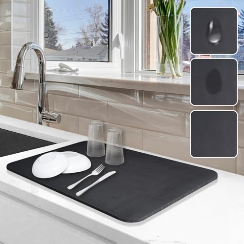 Image of Dish Drying Mat for Kitchen Counter, 12 inchx19 inch Dish Drying Pad with Non-slip Rubber Backed, Hide Stain Anti Absorbent for Kitchen Counter, Drying Mat for Coffee Machine Dish Rack (Black)