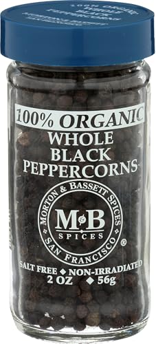 Morton & Bassett 100% Organic Whole Black Peppercorns | Fresh, Pungent Pepper for Grinding & Cooking | Gluten Free, Salt Free, Non-GMO | 2 oz Jar