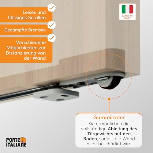 Porte Italiane, Unsichtbare Schiebetürschiene MAGICAL 1200, für Holzschiebetür vor der Wand von 80 cm bis 120 cm Breite, Kit mit Mechanismus, Zubehör und Führung