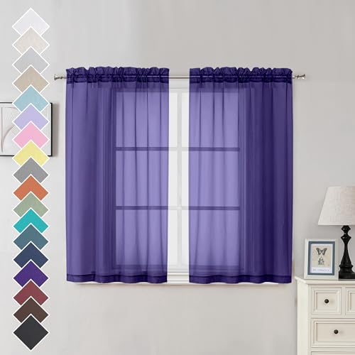 Image of OVZME Purple Sheer Curtains 45 Inches Long 2 Panels, Light Filtering Sheer Curtains for Bedroom, Elegant Airy Draperies for Living Room Nursery Room, Dual Rod Pocket, Each 42Wx 45L