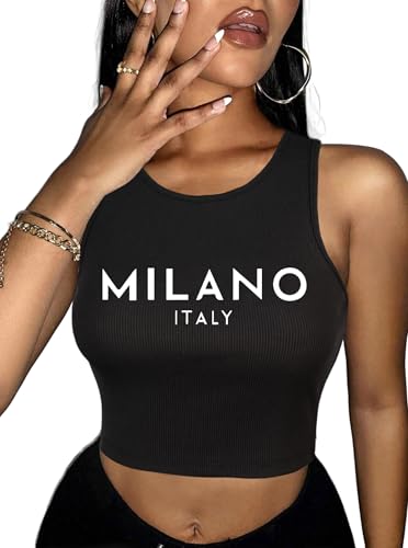 Hilinker Women's Summer Tank Tops Sleeveless Letter Graphic Printed Ribbed Knit Basic Crop Cami Tops Shirt