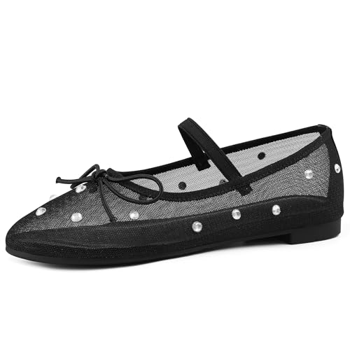 Mesh Ballet Flats for Women Crystal Rhinestone Mary Jane Shoes Comfortable Round Toe Ballerina Flats with Stretch Strap Trendy