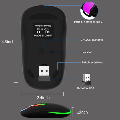KBCASE Maus Kabellos 2,4 GHz-USB Funkmaus, Bluetooth Maus 1600 DPI Optical Tracking, Wiederaufladbare Gaming Wireless Mouse mit 7 Farben LED-Licht für PC, Laptop, Mac,iOS, Android, iPad, Windows