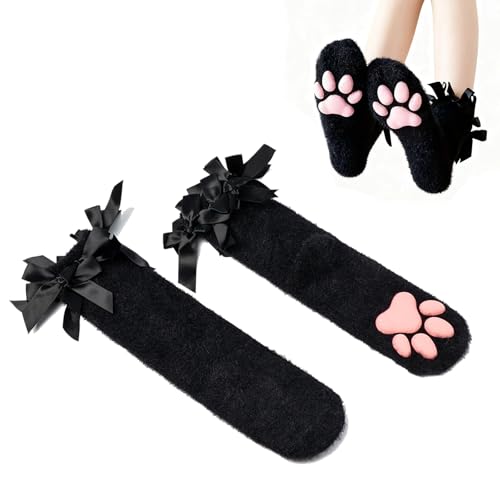 SUPTEC SIROLISA Fuzzy Short Cat Paw Socks Black Soft 3D Paw Pad Toe Beans Stockings for Women
