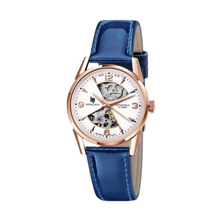 Montre LIP Himalaya 33 mm squelette automatique avec un bracelet en cuir bleu