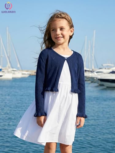 Image of Girls Cotton Knit Shrug Cardigan with Long Sleeve Ruffle Hem