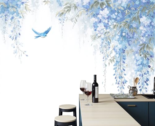 Poster mural panoramique bleu 300x210 cm oiseaux et fleurs