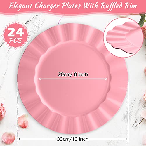 Mumufy 24 Pcs Charger Plates Bulk 13 Inches Pink Plastic Reusable Heavy Duty Large Round Dinner Chargers With Scalloped Rim For Wedding Baby Shower Party Banquet Birthday Festival Table Decoration #TOP1