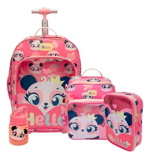 Puket - Kit Panda Romântico: Mochila C/Rodinha Grande +estojo+ Lancheira+garrafa retrátil Panda Romântico - Puket