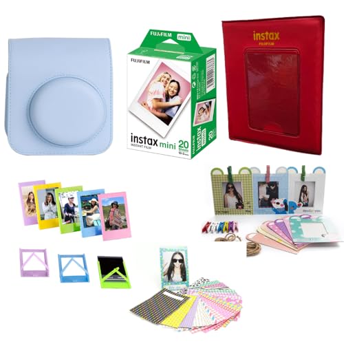 Image of Instant Mini 12 Instant Camera Accessories PU Leather Case + Fuji 20 Shot Mini Films + 64 Photos Album + 5 Plastic Frame + 10 Paper Hanging Frame + 20 Stickers (Blue)