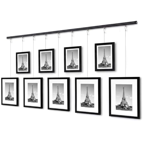 Image of Lineshading Gallery Wall Frame Set of 9,Hanging Photos Display Bulk, Black | Adjustable Picture Rail Hanging System, Wall Decoration with Mat,holds 8x10 and 4x6 sizes, mounting hardware included