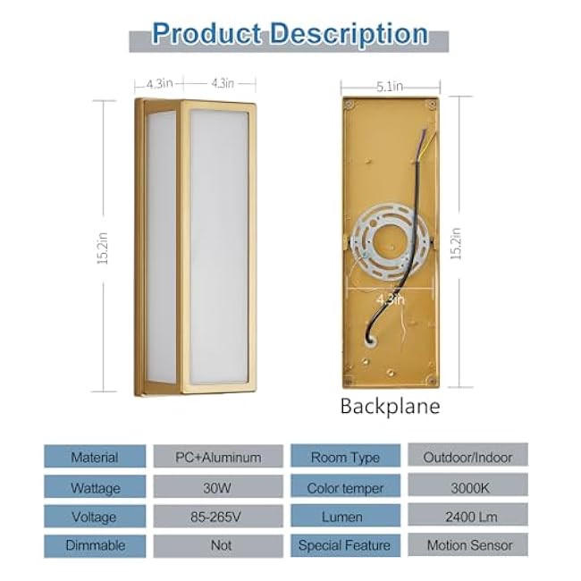 Motion Sensor Outdoor Wall Sconce LED 30W Aluminum - Gold Modern Exterior Light Fixture, 3000K Warm,IP65 Waterproof Rectangular Porch Lighting,for Patio,Garage,Front Door
