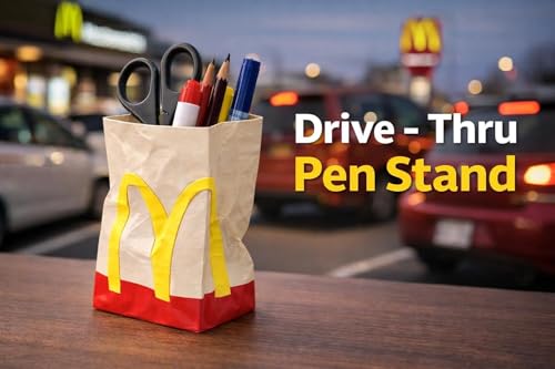 Image of Drive-Thru Style Crumpled Takeout Bag Pen Holder - Funny Desk Organizer, 3D Printed Fast Food Inspired Pencil Cup for Office, Gaming Desk or Study Table