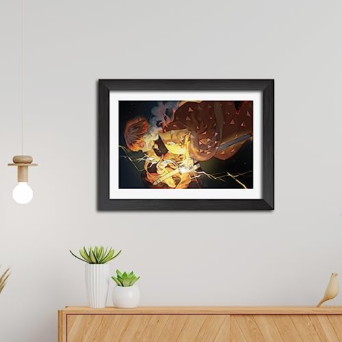 Image of TenorArts Zenitsu Posters Demon Slayer Anime Poster Laminated Photo Frame Painting with Matt Finish Black Textures (12inches x 9inches)