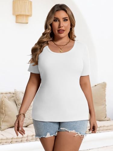 Chulianyouhuo Women's Plus Size Tops Short Sleeve Scoop Neck T Shirts Summer Ribbed Knit Basic Casual Tees Blouse4