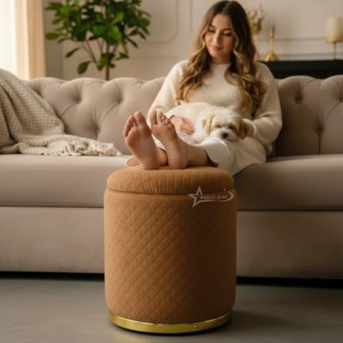 Image of Premium Round Storage Ottoman Stool 13 X 13X 16 inch, with Gold Metal Base | Luxury Pouffe with Hidden Storage | Cushioned Footrest for Living Room, Bedroom & Lounge Coffee