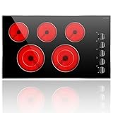 Noxton 36 Inch 5 Burners Electric Cooktop, Built-in 36' Radiant Electric Ceramic Stove Top with Glass Protection Metal Frame,Knob Control, Hot Surface Indicator, 220-240v, No Plug, Hard Wire
