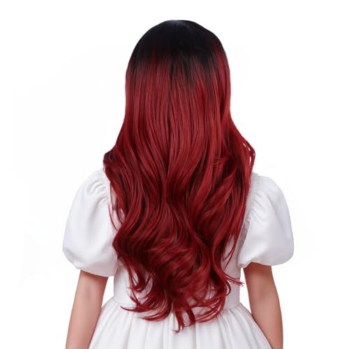Image of Black Ombre Red Wig for Kids Long Black Mixed Wine Red Middle Part Wig for Child Long Wavy Curly Wigs for Girls Heat Resistant Synthetic Wigs with Cap