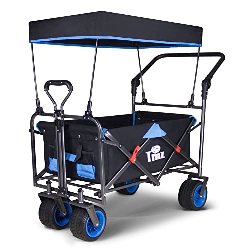 TMZ Collapsible Wagon with Canopy and Big Wheels for Sports, Shopping, Fishing and Beach-Black/Blue