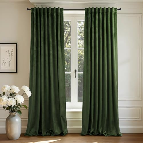 Image of Olive Green Velvet Back Tab Curtains 90 Inches Long 2 Panel for Living Dining Room Rustic Neutral Cottagecore Elegant Heavy Drape Decorative Moss Green Curtain for Bedroom Movie Theater French Country