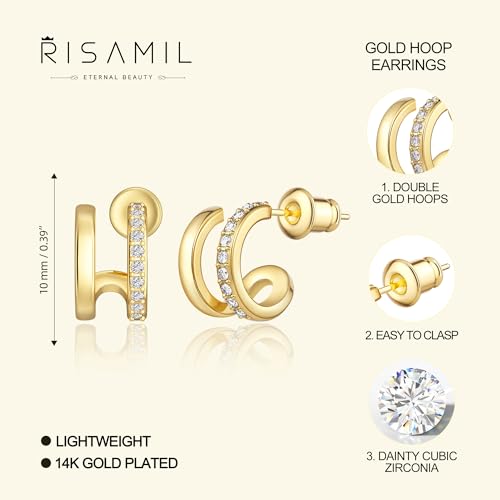 Risamilo Gold Earrings for Women Dainty Cubic Zirconia Studs Small Hoops Lightweight Trendy Jewelry Gift2