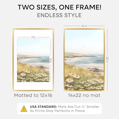Image of Homeforia 14x22 Picture Frame Gold, High End Metal 14x22 Poster Frames with Mat 12x16 Photo, 14 x 22 Gold Frames Matted to 12 by 16 Print, 22x14 Thin Hanging Frames, Tempered Glass, Wall Kit, Set of 3