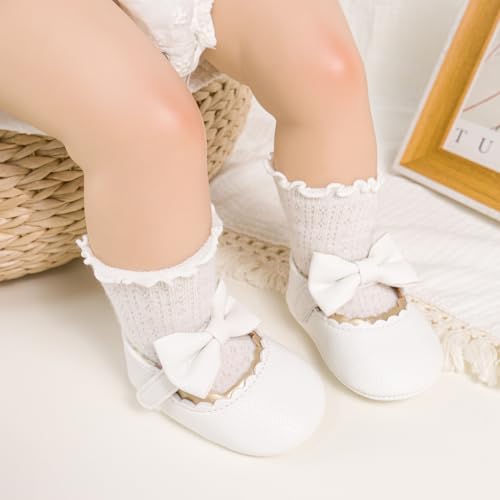 Meckior Newborn Baby Girls Dress Shoes Infant Bowknot Soft Sole Mary Jane Moccasins Baptism Christening Crib Shoes Wedding Princess Flats3