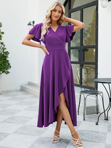 Image of Long Black Formal Dresses for Women Gowns Evening Party Cocktail Dress,Split Elegant V Neck Wrap Ruffle Wedding Guest Dresses
