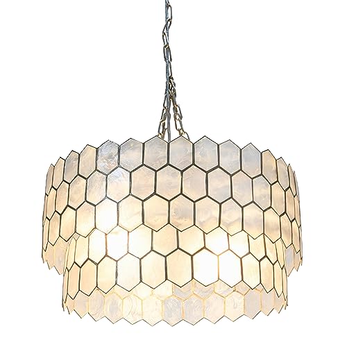 Creative Co-Op Capiz Honeycomb 2-Tier Chandelier Style Ceiling Light, Matte Silver - Image 4