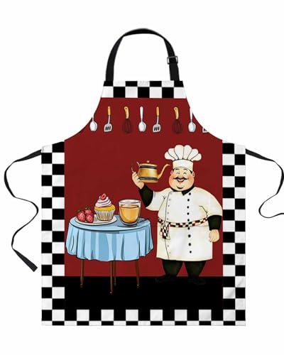 LIFEMUSION Farmhouse Cartoon Fat Chef Kitchen Cooking Apron Waterproof, Retro Black White Plaid Bib Chef Aprons for Men Women 26.5'x35'