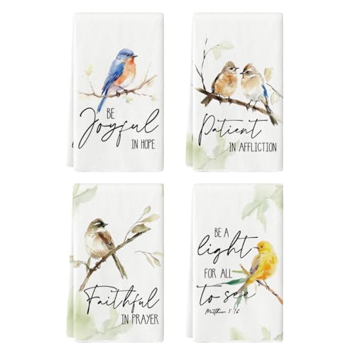 Artoid Mode Floral Leaves Branch Bird Kitchen Towels Dish Towels 18×26 Inch Seasonal Summer Decoration Hand Towels Set of 4