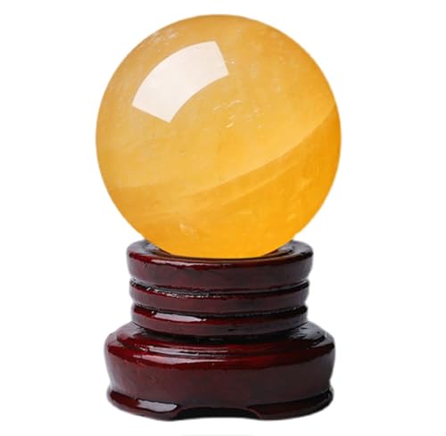 Yellow calcite quartz sphere de 6cm et son socle en bois de décoration Feng Shui