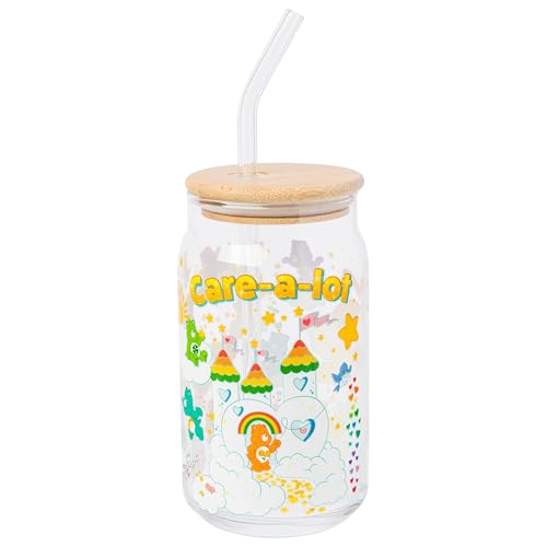 Silver Buffalo Care Bears Care-A-Lot Glass Tumbler with Bamboo Lid and Glass Straw Featuring Good Luck ᗷear, Share Bear, Tenderheart ʙear, Funshine 𝖡ear,Love-a-Lot 𝙱ear and Birthday 𝐁ear 16 Ounces