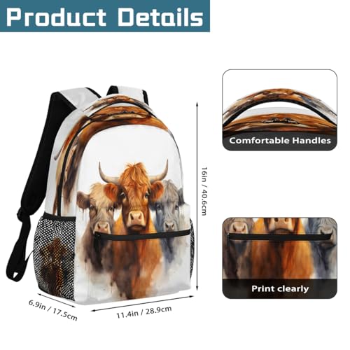 Watercolor Highland Cow Kids Backpack for Boys & Girls, School Bag with Laptop Compartment Adjustable Shoulder Straps, Lightweight Travel Bookbag Casual Daypack for Students Teens2