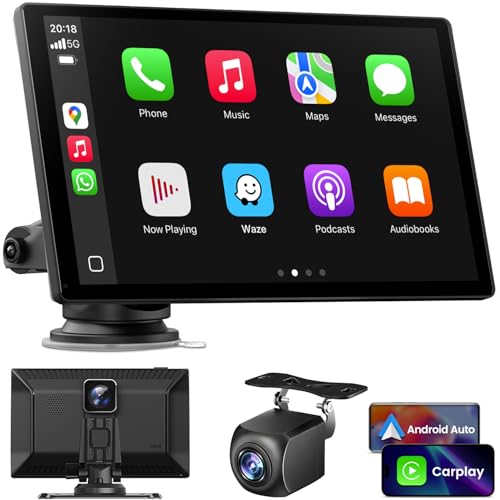 Wireless Carplay Screen for Car: CarPlay & Android Auto Portable Car Play Screen with 4K Dash Cam, 1080P Backup Camera, GPS Navigation/Mirror Link/AirPlay/Voice Control/Bluetooth - 9 Inch