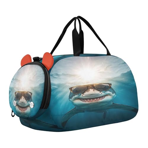 Sunglasses Blue Shark Kids Travel Duffel Bag for Boys Girls Overnight Weekend Tote Bag with Shoes Compartment for Gym Sports Dance