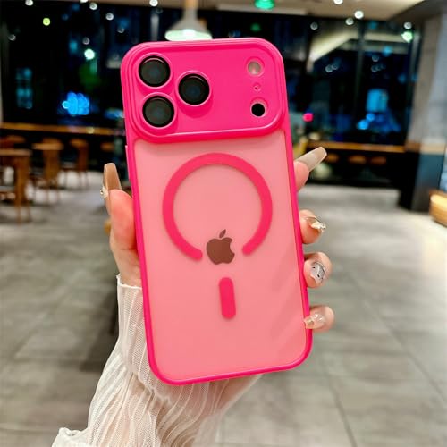 Coque iPhone 15 magnétique translucide rose vif compatible recharge induction sans fil