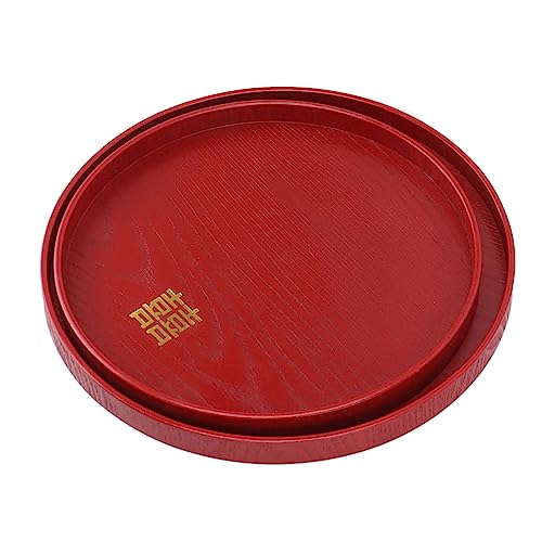 Tyenaza Plateau De Service en Bois De 4 Pièces, Plateau De Service De Style Chinois, Assiette De Thé De Mariage Rouge, Assiette De Collation De Café, Plateau De Bonbons Aux Fruits en Bois(Round)