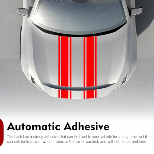 Image of 2 PCS Car Hood Decals, Hood Bumper Modification Exterior Decoration Accessories, Body Side Stickers Racing Stripes Decals, Suitable for Most Car Models (Red)
