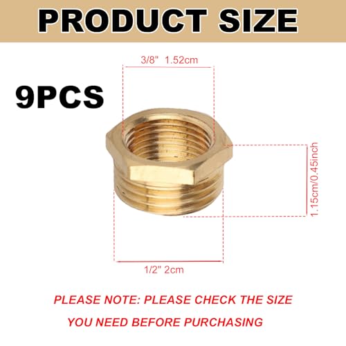 Image of 9pcs 1 /2 Inch NPT Male to 3 /8 Inch NPT Female Reducer Hex Bushing, Brass Reducing Heavy Duty Threaded Pipe Fitting Adapter for Hydraulic Plumbing Systems Water Line Impact Socket Faucet Hose Connector