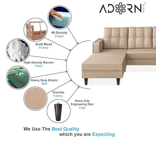 Image of Adorn India Maddox Tufted L Shape 5 Seater Sofa Chenille Sofa Set LHS (Beige) (3 Year Warranty)