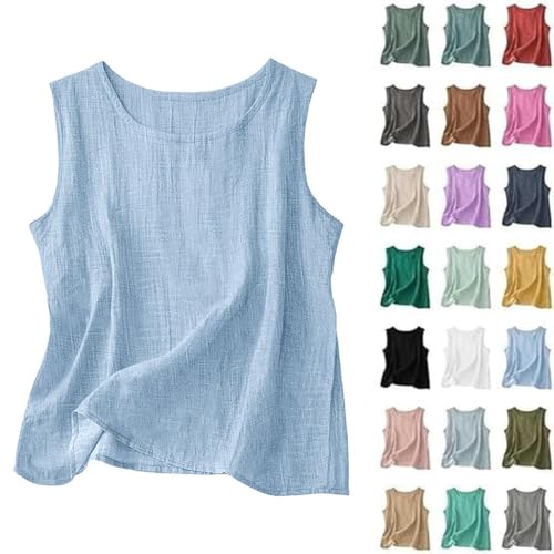 HJYUZP Capsule Wardrobe Cotton Linen Tank Tops for Women 2026 Spring Summer Casual Comfy Sleeveless Linen Shirts Loose Lightweight Tunic Gauze Boho Camisoles Plus Size Bohemian Cami Blouse Blue L